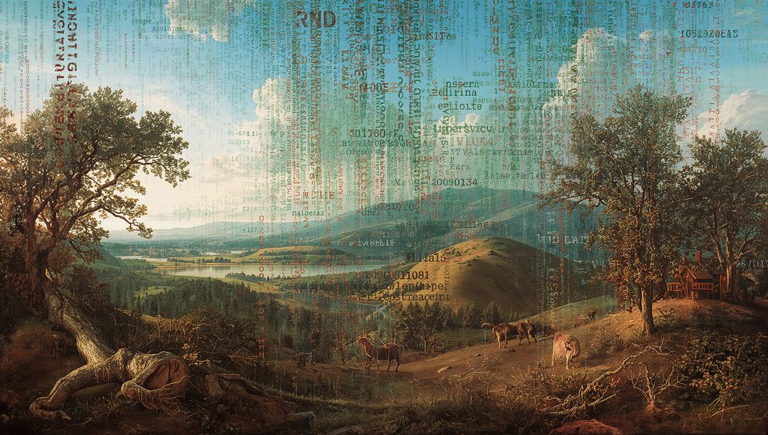 Grazing cattle and deer roaming pastoral valley with gnarled tree and falling code overlay