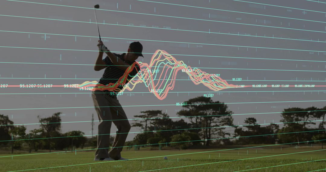 Man Playing Golf with Data Analytics Overlay in Scenic Setting