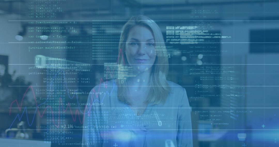 Smiling Woman with Digital Interface and Data Overlay