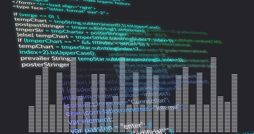 Glowing Neon Audio Spectrum Overlaying Semi-Transparent Programming Code for Tech Visualization
