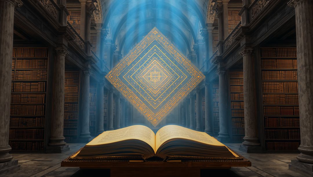 Mystical Floating Tome in Enchanted Ancient Library