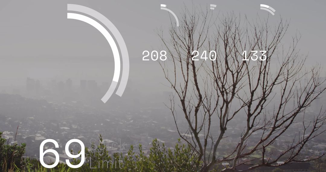 Digital Data Overlay on Misty Cityscape with Bar Graphs