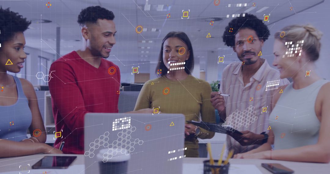 Diverse Team Collaborating in Modern Office with Digital Graphic Overlays