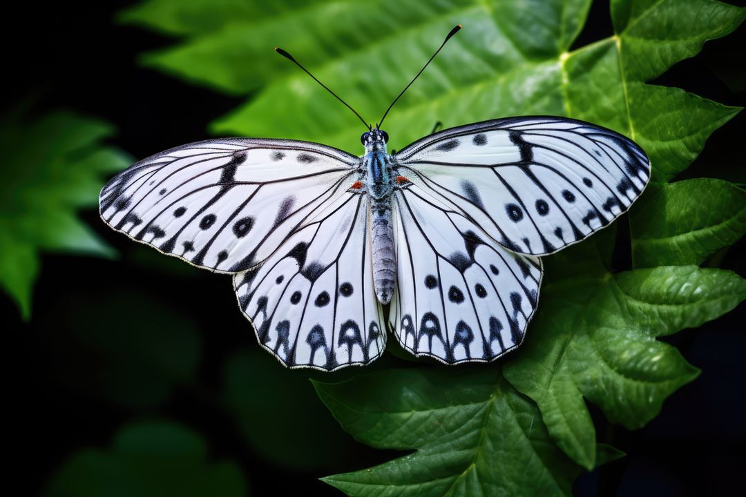 Elegant White and Black Butterfly on Green Leaf - Free Images, Stock Photos and Pictures on Pikwizard.com