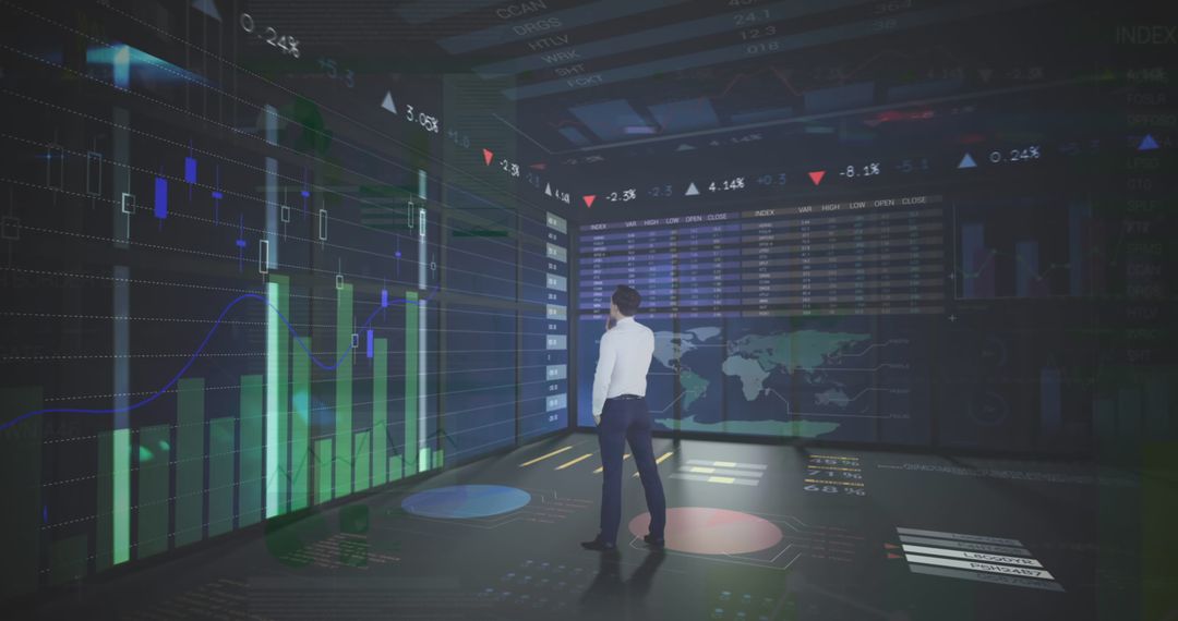 Businessman Analyzing Virtual Data in Modern Corporate Office