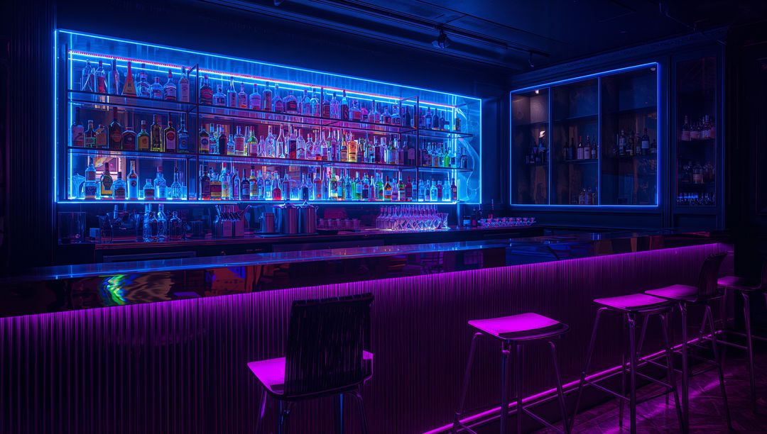 Neon-Lit Lounge Bar Glowing with Backlit Liquor Shelves and Reflective Counter