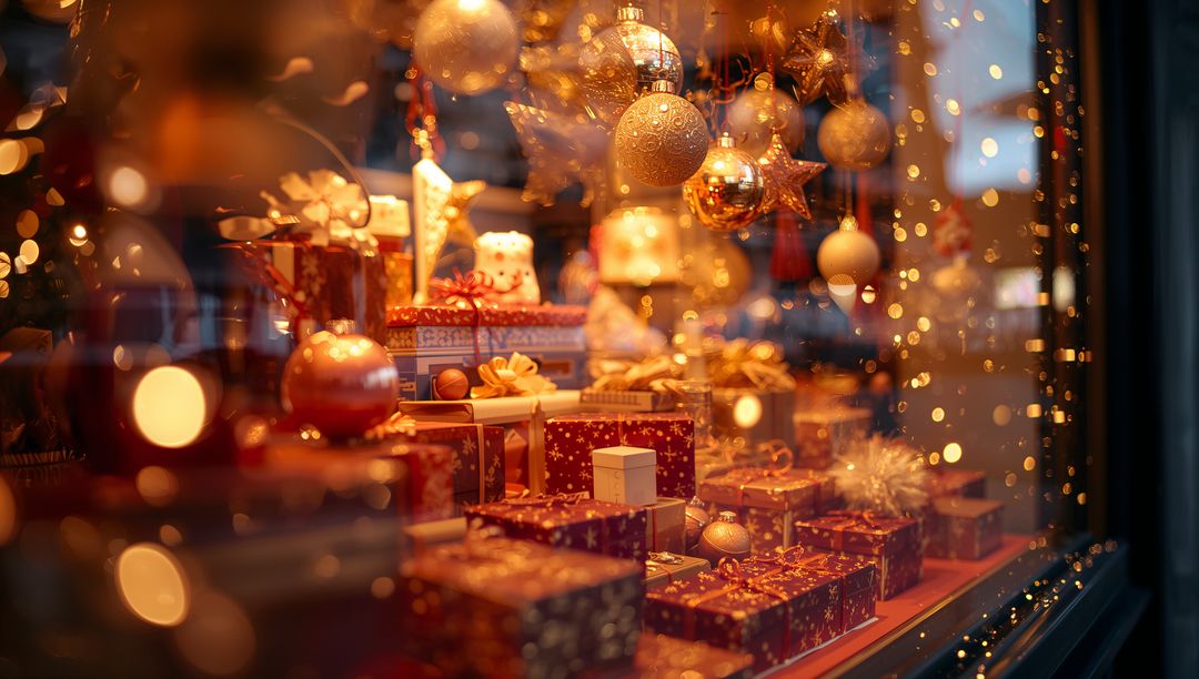 Displaying Christmas window filled with wrapped gifts, golden baubles and warm bokeh lights