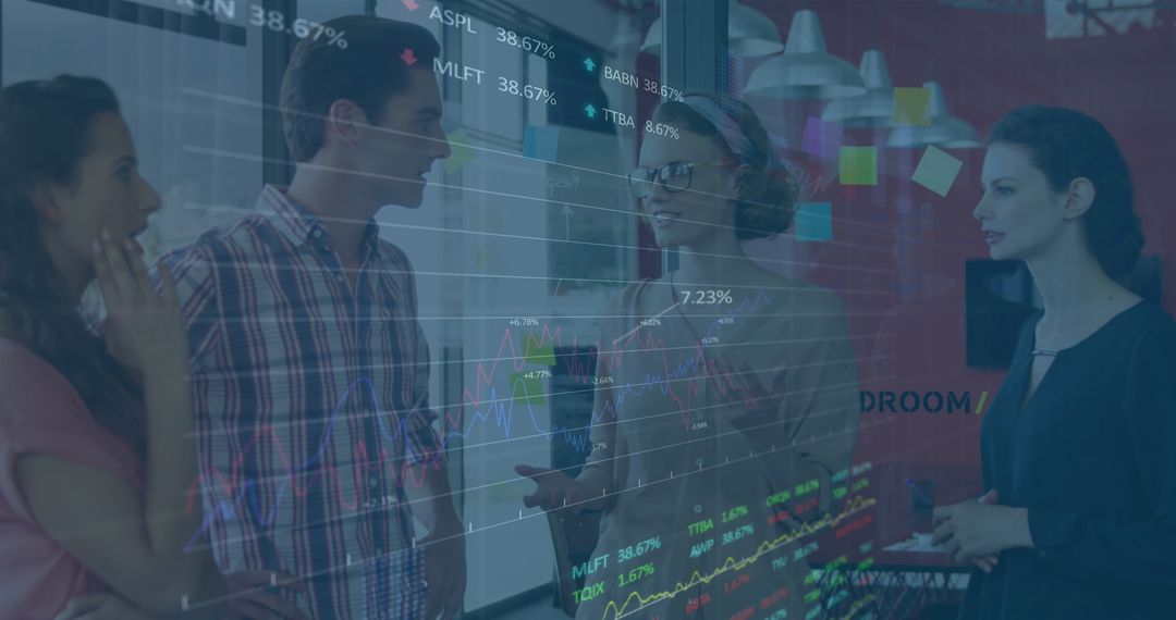 Team Discussing Financial Data and Stock Performance in Modern Office
