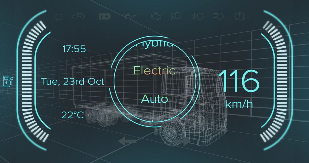 Futuristic Vehicle Dashboard Display with Wireframe Truck and Data
