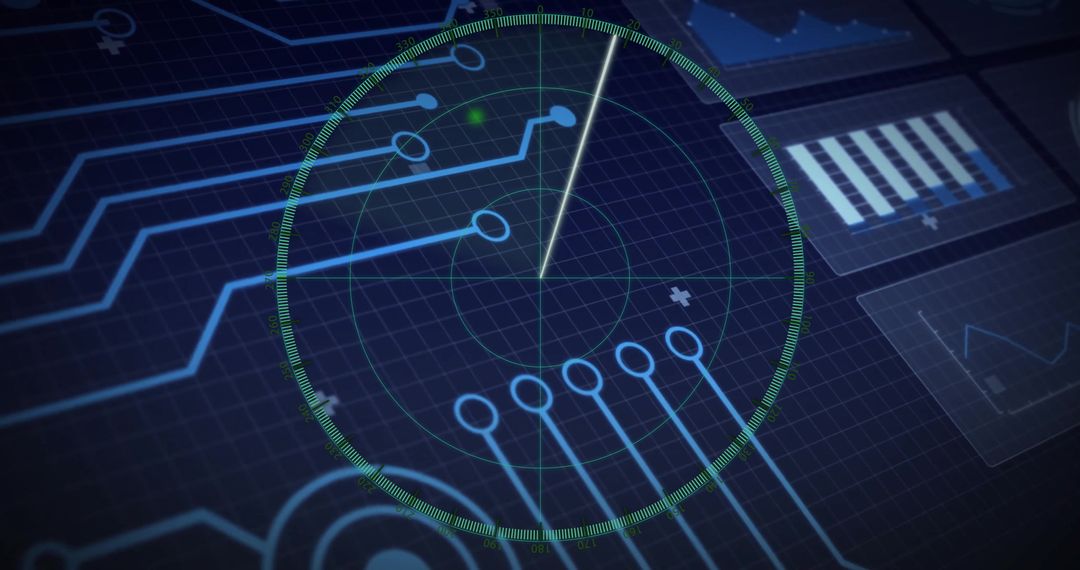 Futuristic Radar and Data Interface in Blue Grid Background