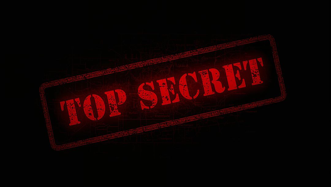 Red Top Secret Stamp Rotating on Black Canvas with Grunge Border Digital Grid Texture