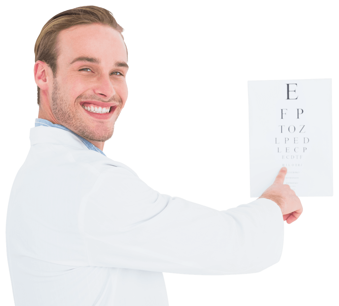 Transparent Smiling Optician Pointing at Vision Chart
