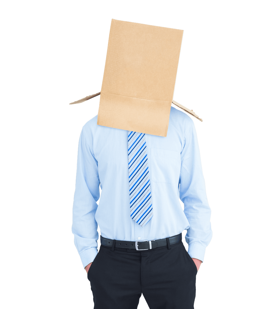 Businessman with Paper Bag Head on Transparent Background