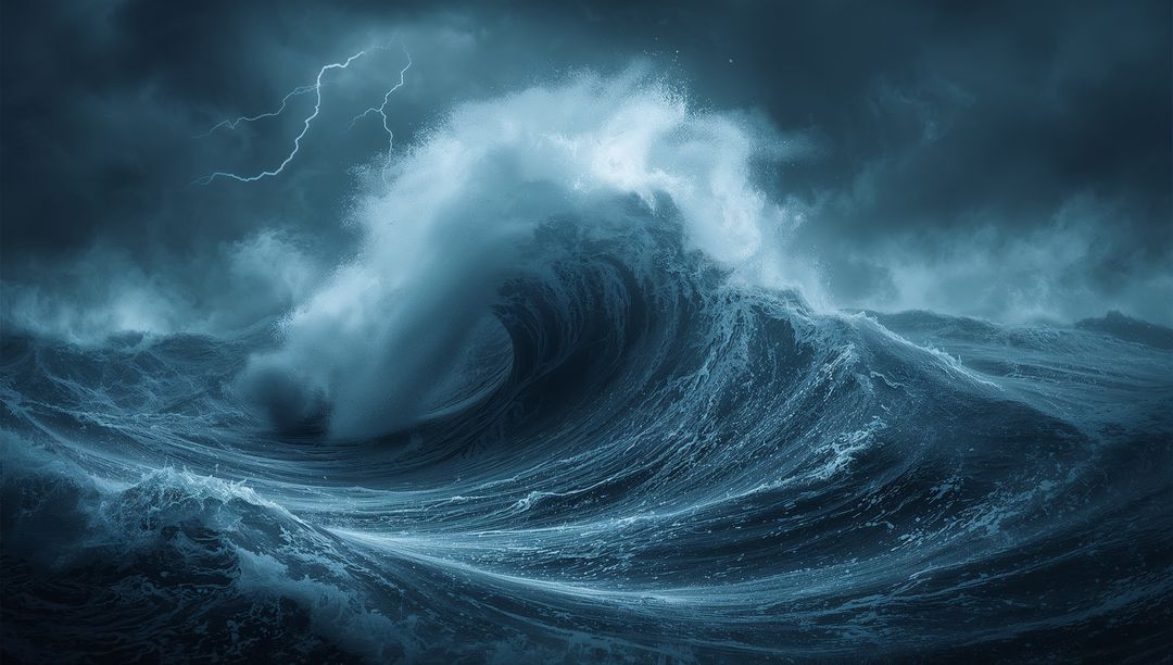 Dramatic Ocean Wave with Thunderstorm in Majestic Turmoil
