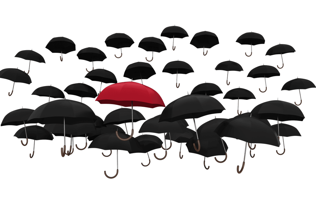 Transparent Red Umbrella Standing Out Against Black Umbrellas