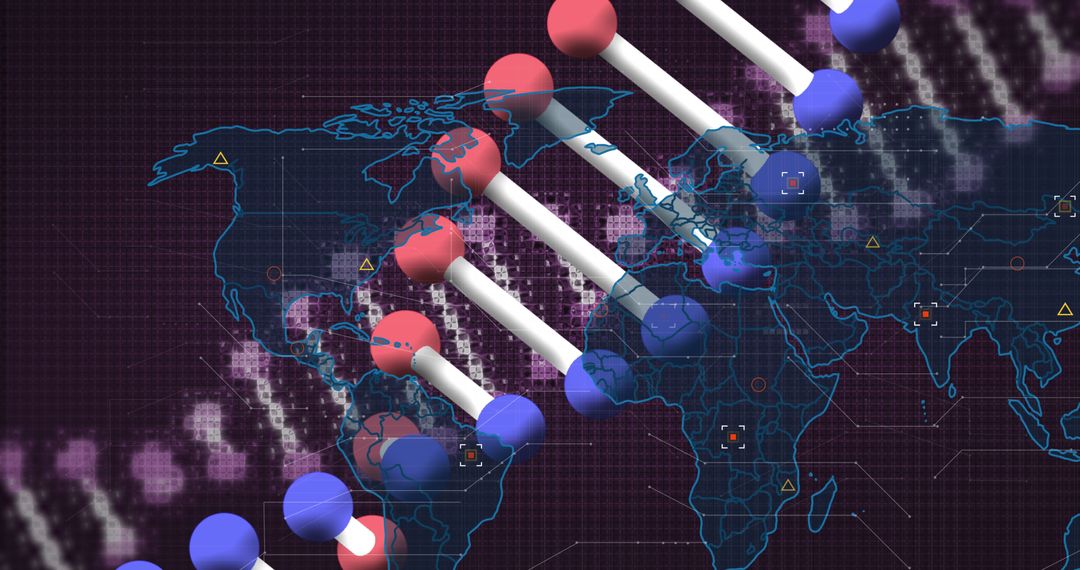 DNA Strand Overlay on World Map Signifying Global Science Innovation