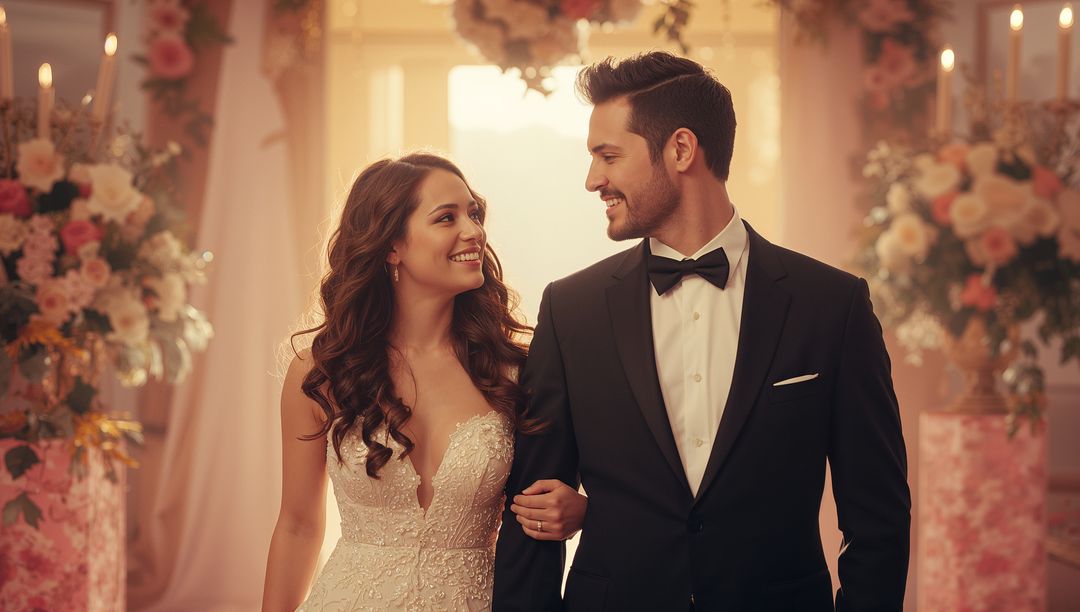 Joyful Bride and Groom Walking Down Aisle in Elegant Wedding Setting