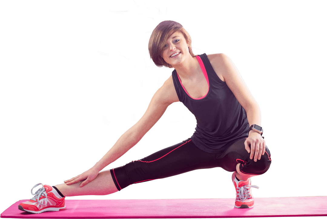 Smiling Fit Woman Stretching on Mat with Transparent Background