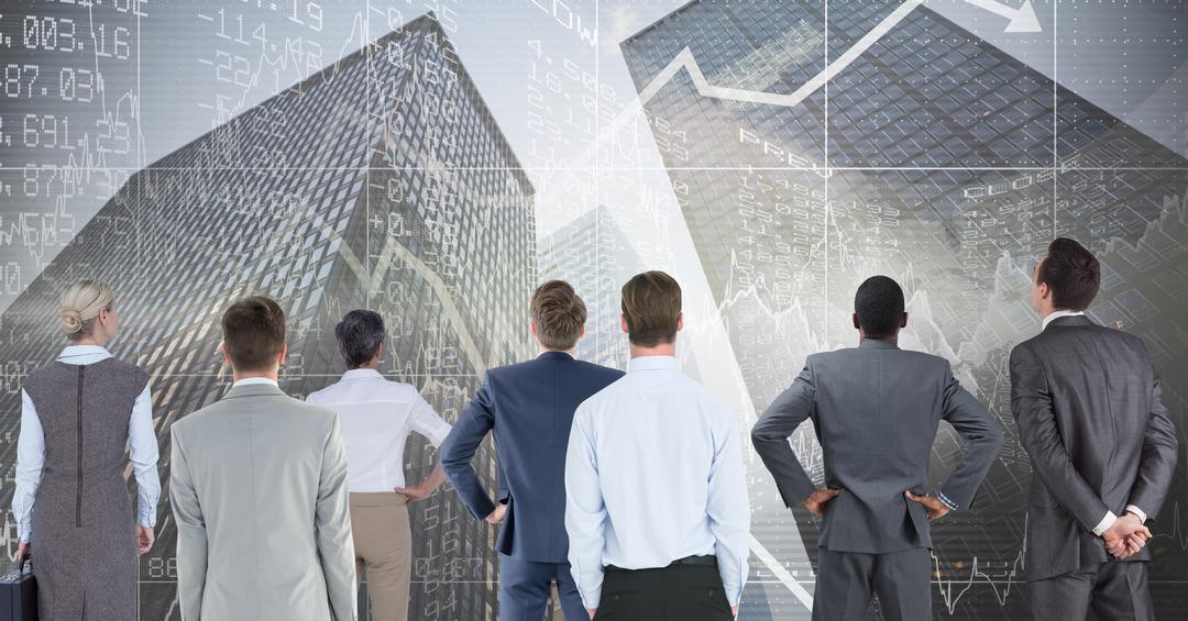 Business Team Analyzing Financial Market Trends with Skyscrapers Background - Free Images, Stock Photos and Pictures on Pikwizard.com