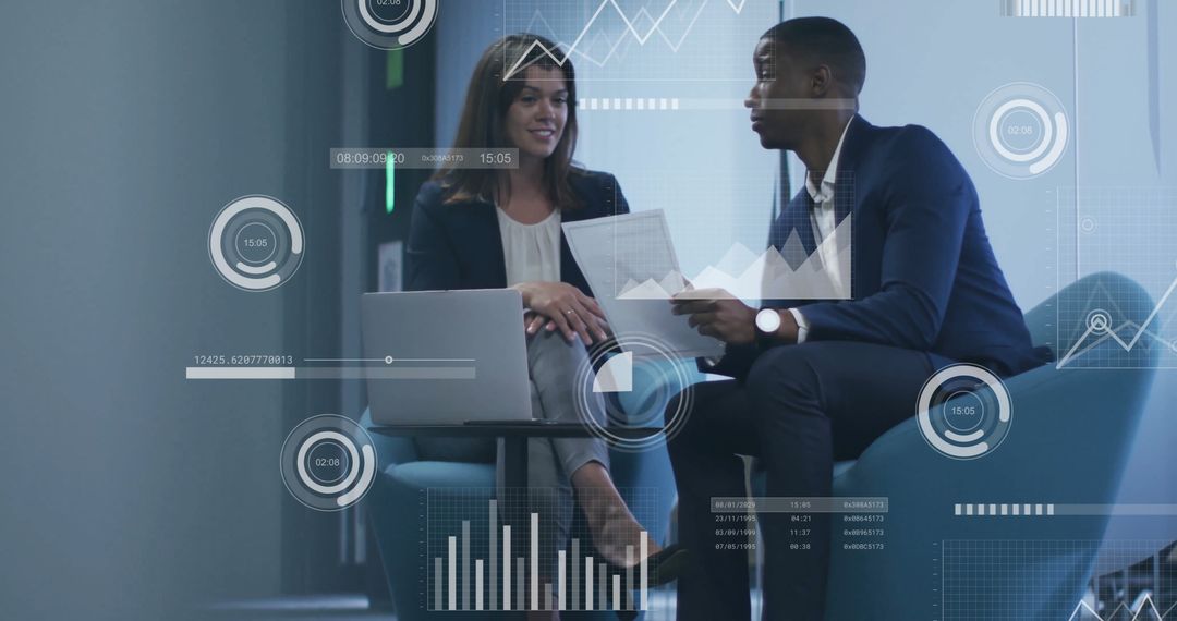 Data Analytics Discussion in Modern Office with Financial Graphs