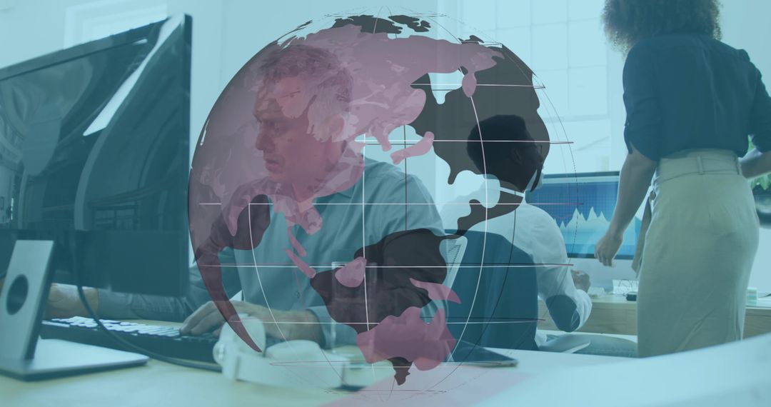 Colleagues collaborating and analyzing global data on monitors with digital globe overlay