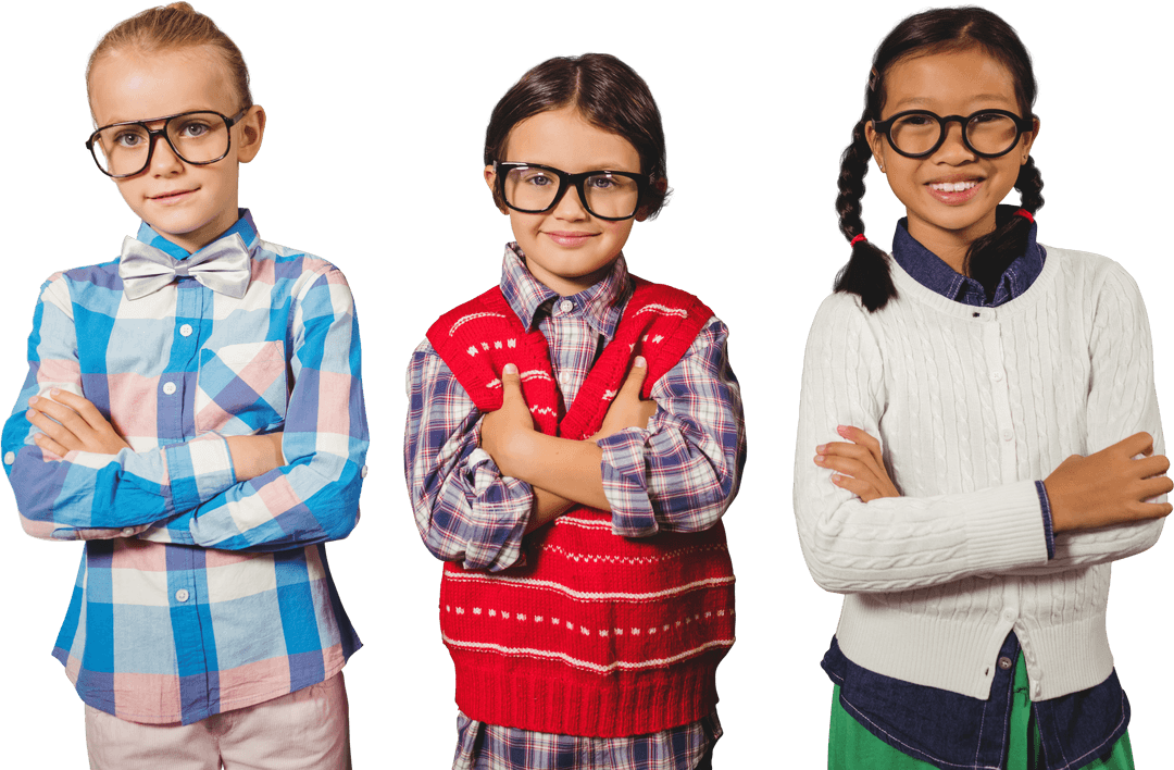 Smiling Diverse Children Wearing Glasses on Transparent Background