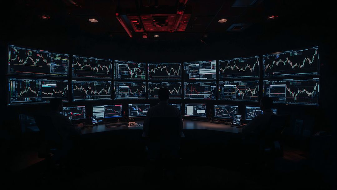 Trader Analyzing Stock Charts in Dark Trading Room