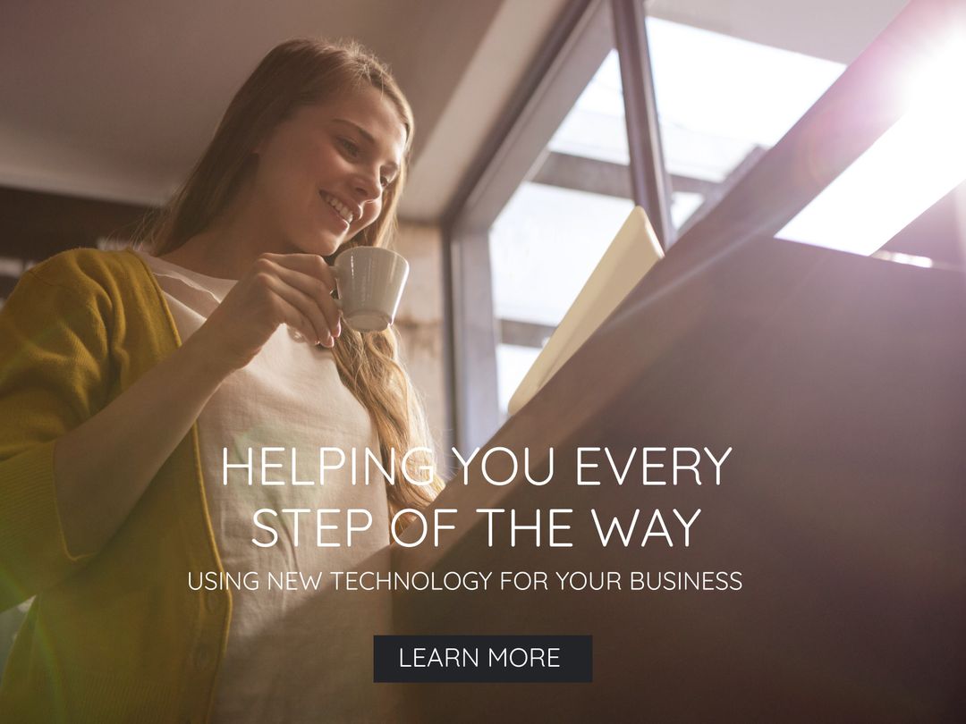 Smiling Woman Using Technology While Drinking Coffee in Relaxed Environment