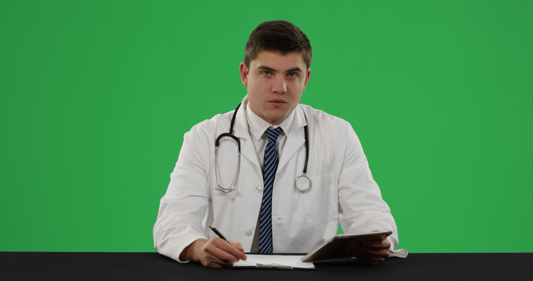 Medical Professional Sitting at Desk Taking Notes - Free Images, Stock Photos and Pictures on Pikwizard.com