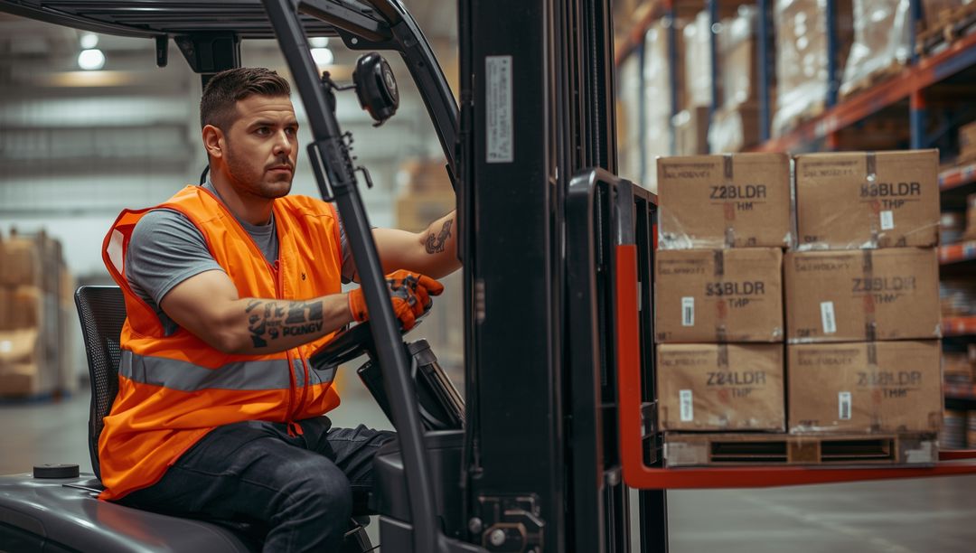 Focused Forklift Operator Moving Cargo in Warehouse