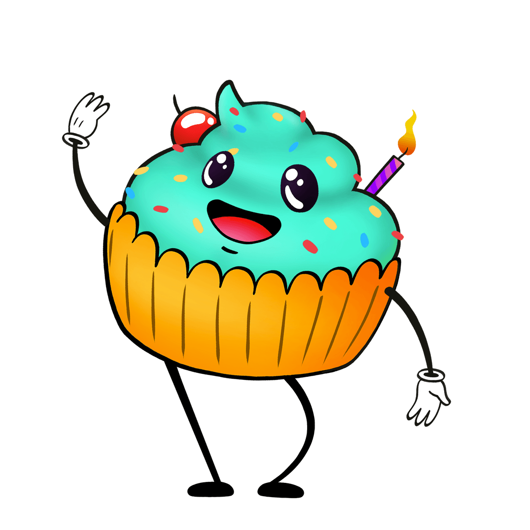 Cute Cartoon Cupcake Waving with Cherry and Candle on Transparent Background