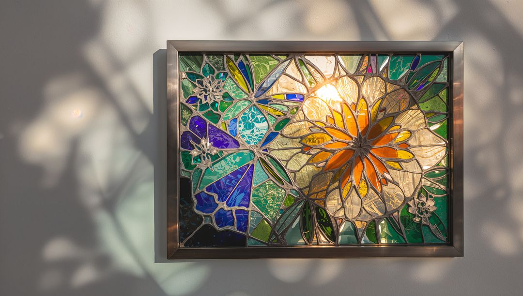 Sunlit Stained Glass Panel Creating Colorful Wall Reflections