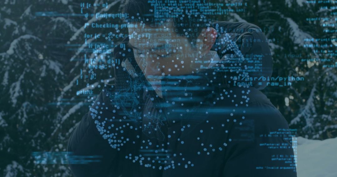 Man Making Phone Call in Snow with Holographic Code Overlay
