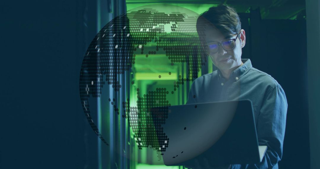 IT Technician Analyzing Data with Digital Globe Overlay