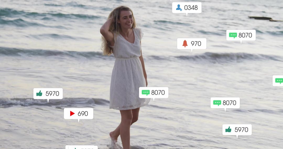 Woman Enjoying Beach Stroll with Social Media Interactions