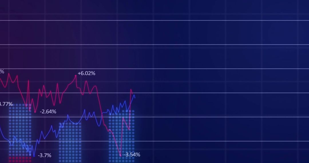 Visualizing market volatility on navy gradient with magenta and blue trend lines, copy space