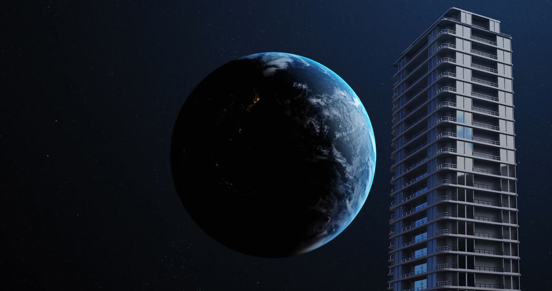 Earth Next to Skyscraper in Space Concept