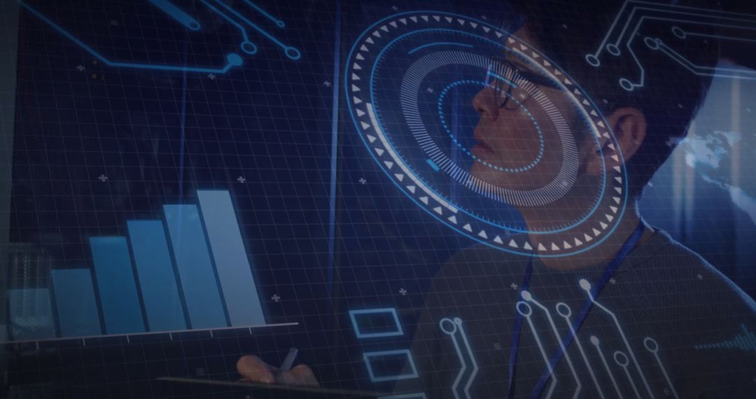 Engineer Interacting with Futuristic Holographic Interface in Lab