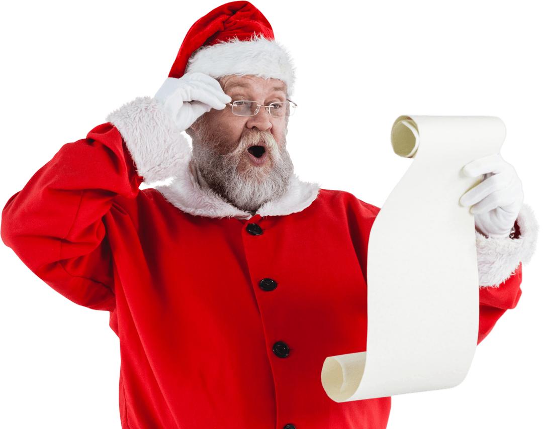 Santa Claus Surprised Holding Large Transparent Scroll List