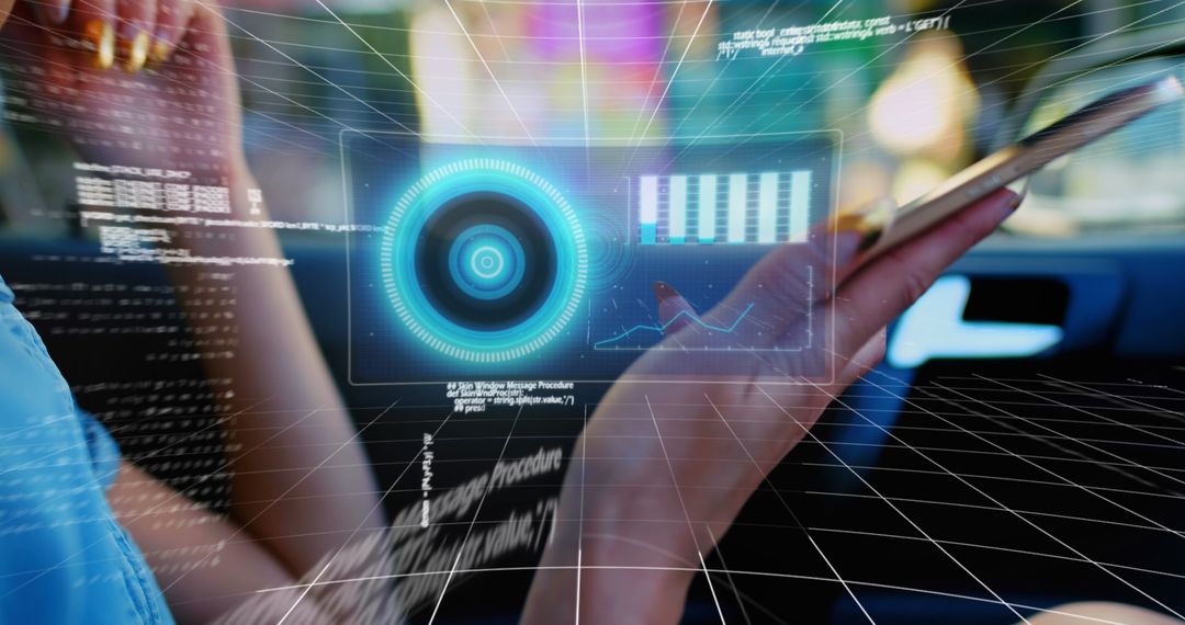 Woman Engaging with Virtual Data Interface in Car