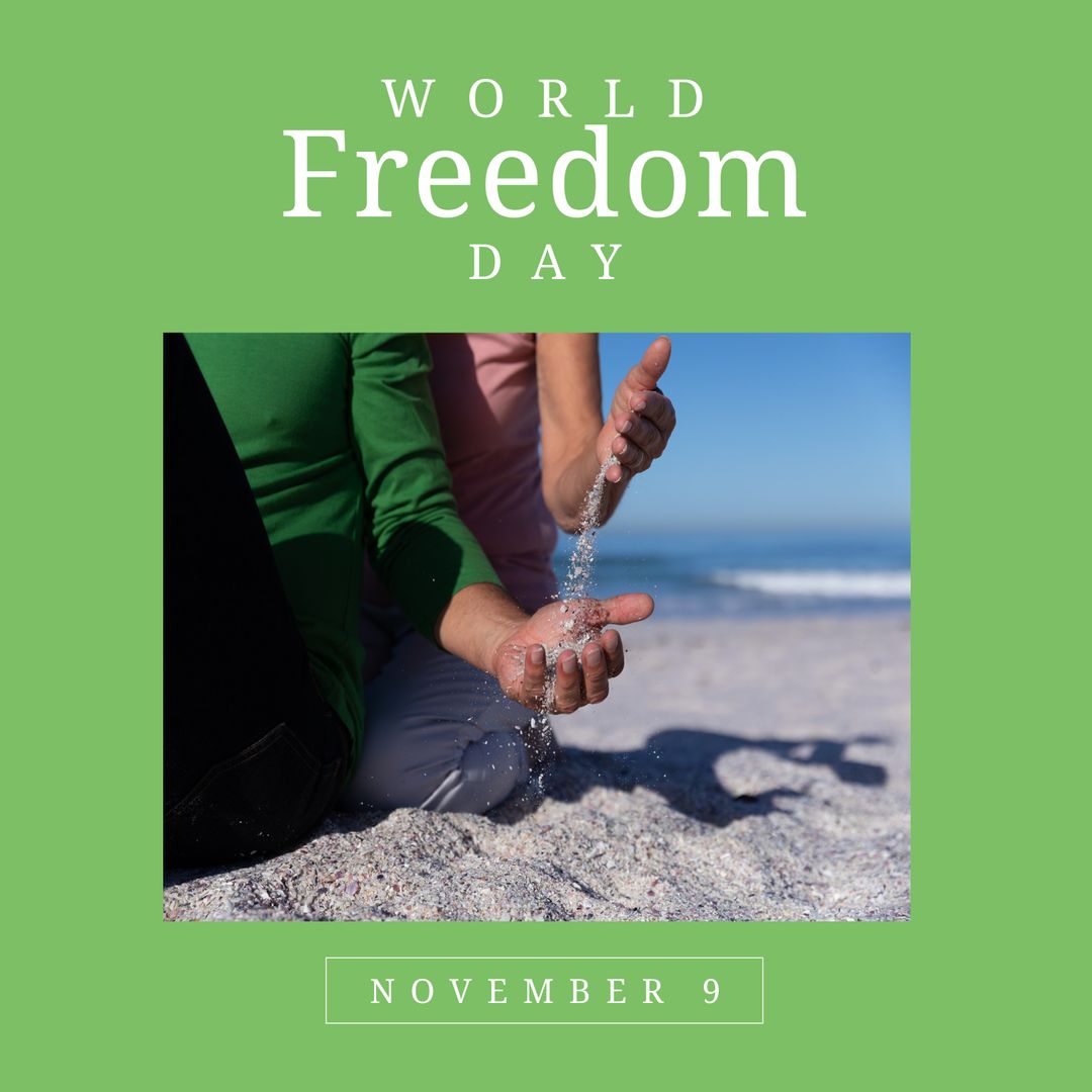 Celebrating World Freedom Day with Hands Holding Sand at Beach