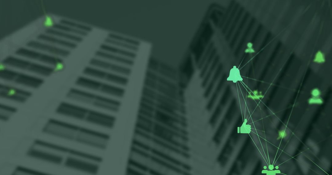 Digital Networking Icons Amidst Urban Skyscrapers