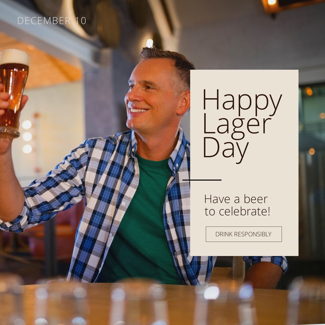 Happy Lager Day Text with Man Enjoying Beer at Bar - Download Free Stock Templates Pikwizard.com