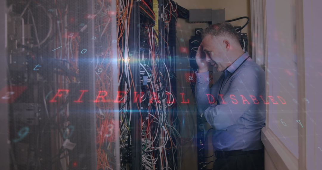 Stressed IT Engineer With Firewall Security Warning in Server Room