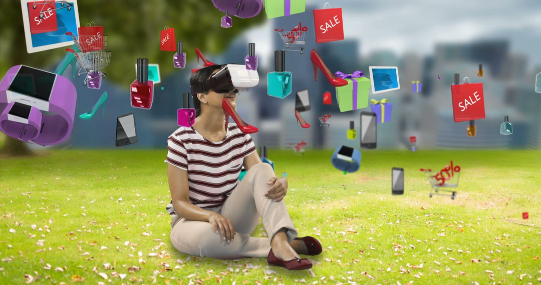 Woman Experiencing Virtual Reality Shopping in Outdoor Park - Free Images, Stock Photos and Pictures on Pikwizard.com