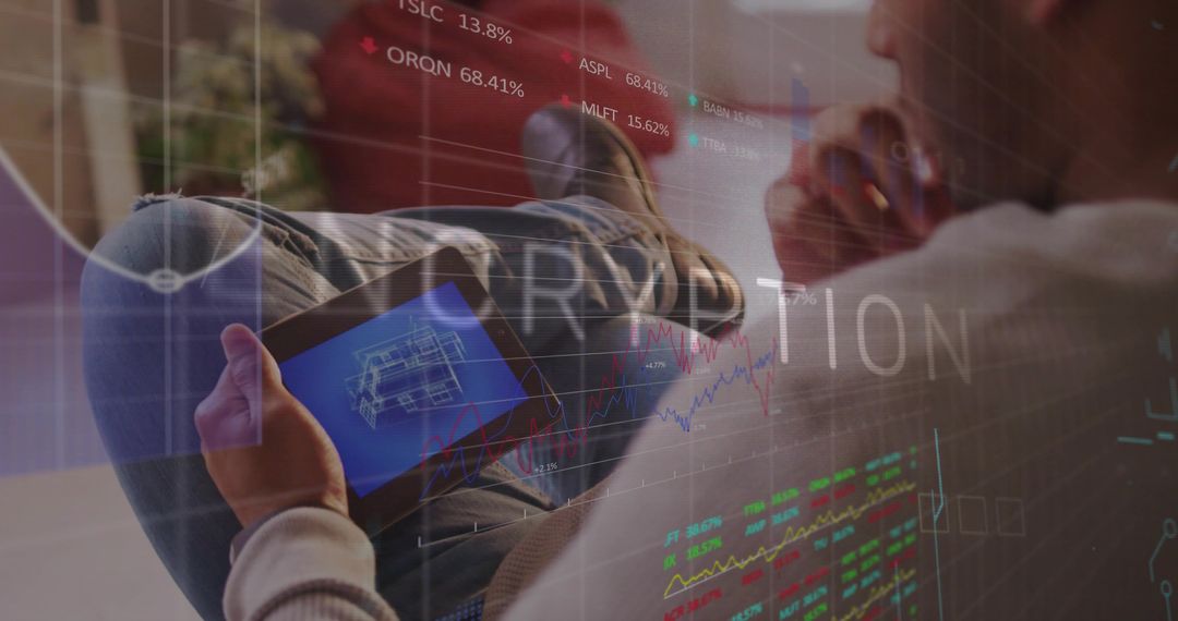 Man Analyzing Cryptocurrency Charts on Tablet in Modern Space