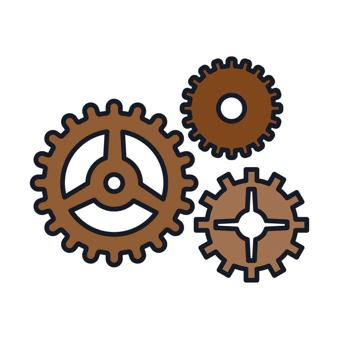 Digital Illustration of Brown Cogs on Transparent Background for Workflow Concept