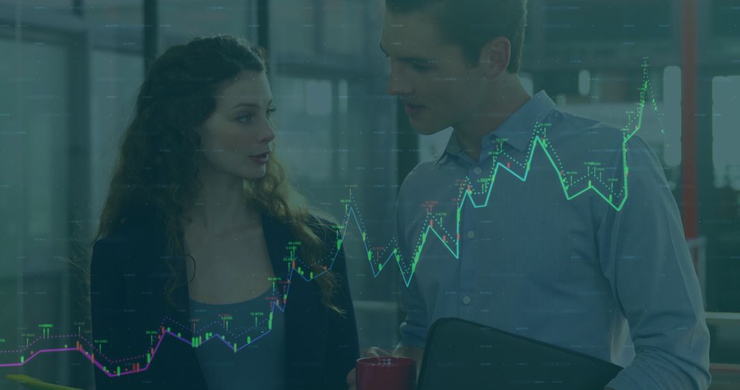 Professionals Analyzing Financial Data in Modern Office Lobby