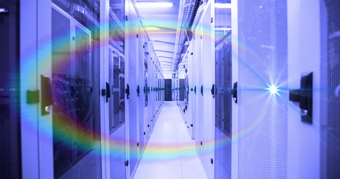 Advanced Server Room with Digital Data Flowing in Network