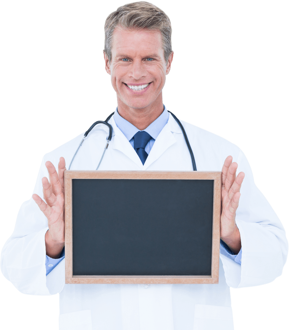 Smiling Male Doctor Holding Blank Chalkboard with Transparent Background